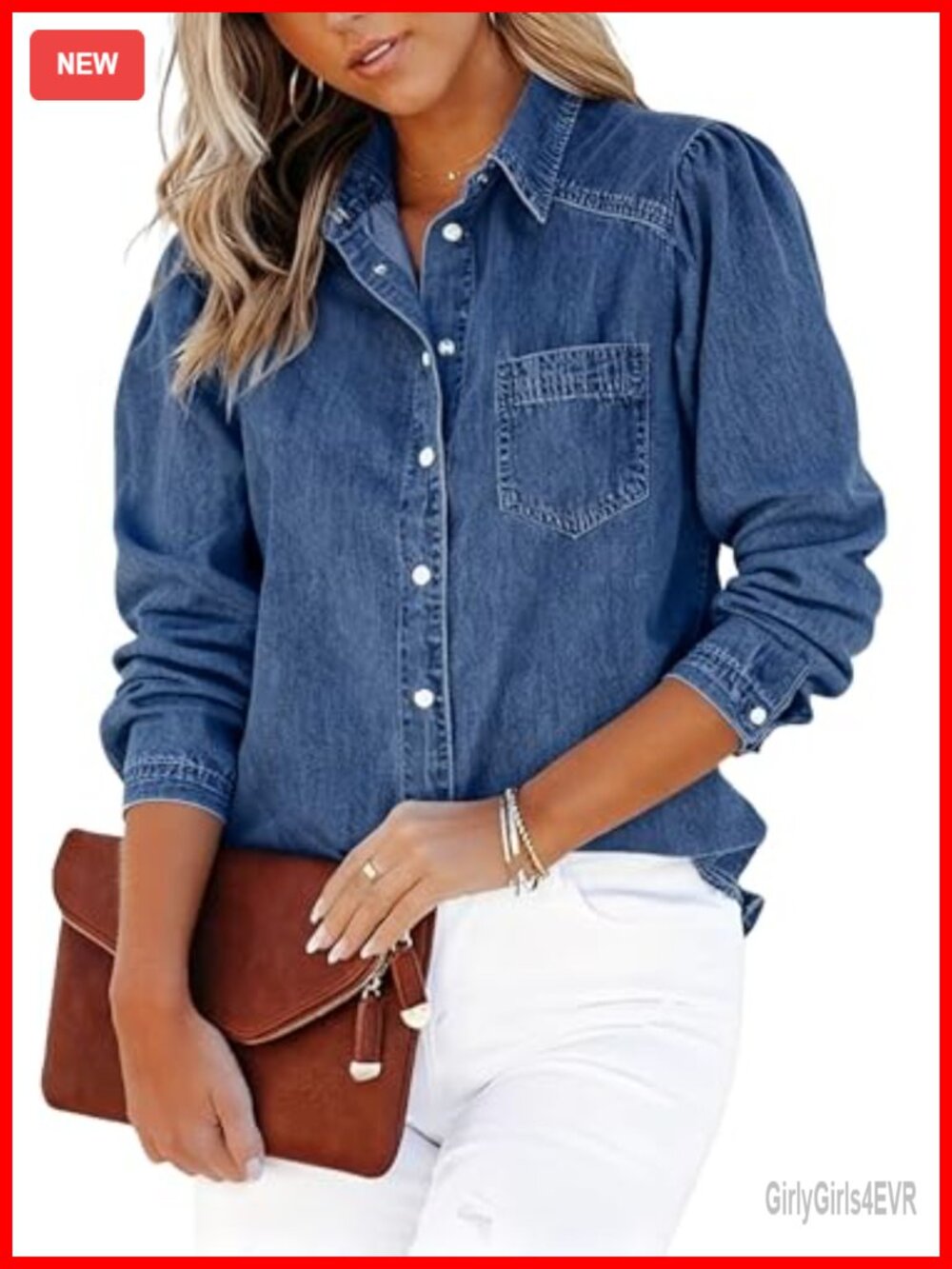 Puff Sleeve Snap Button Down Long Sleeve Denim Shirt Blouse